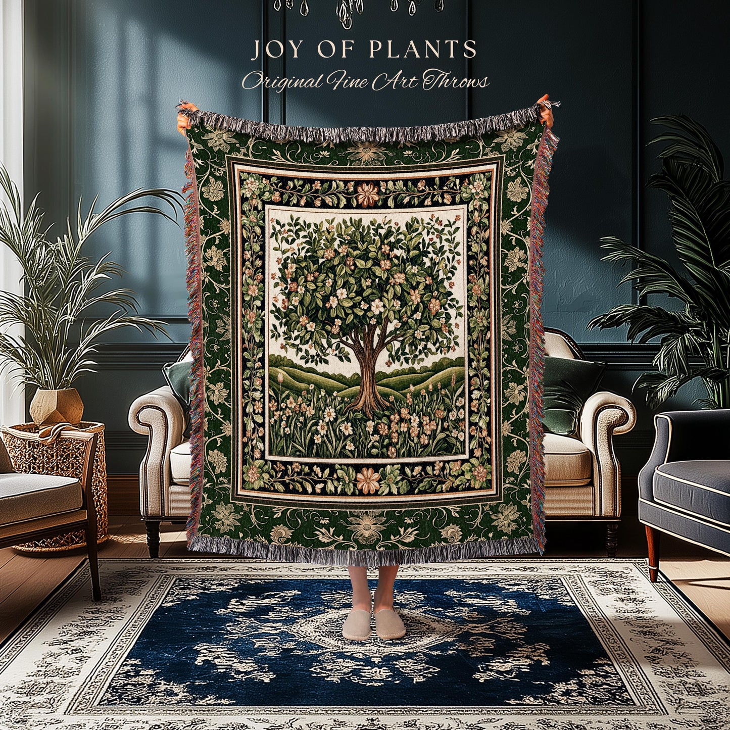 Emerald Green Floral Tree of Life Tapestry Blanket Jacquard Woven Coverlet