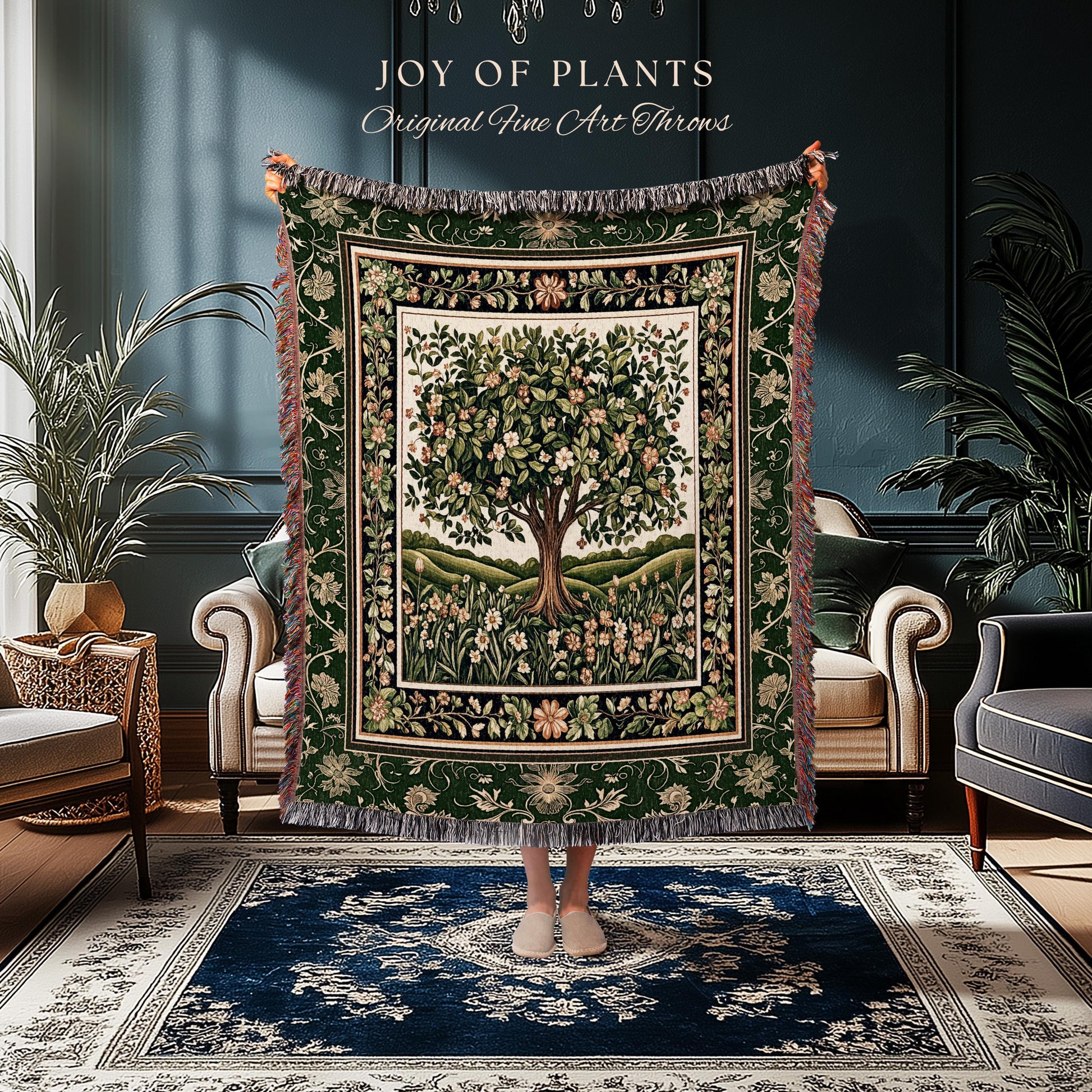 Emerald Green Floral Tree of Life Tapestry Blanket Jacquard Woven Coverlet