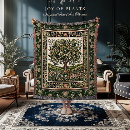 Emerald Green Floral Tree of Life Tapestry Blanket Jacquard Woven Coverlet
