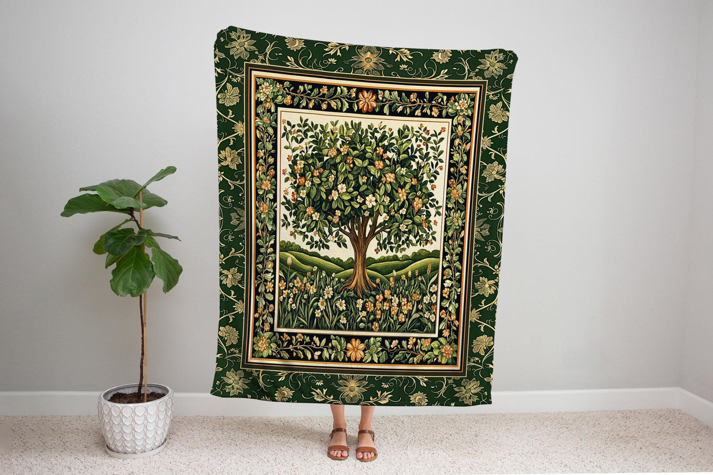 Emerald Green Floral Tree of Life Tapestry Blanket Jacquard Woven Coverlet