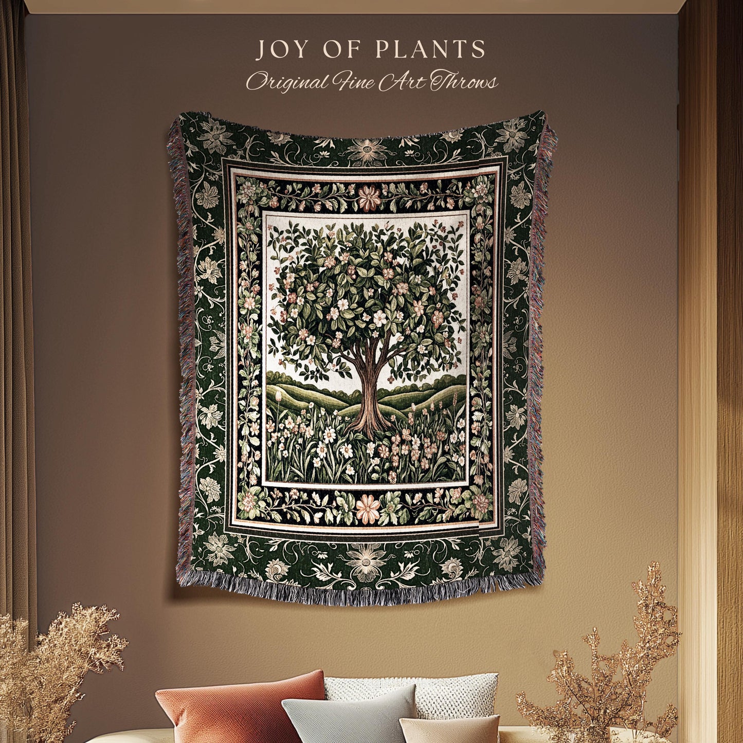 Emerald Green Floral Tree of Life Tapestry Blanket Jacquard Woven Coverlet