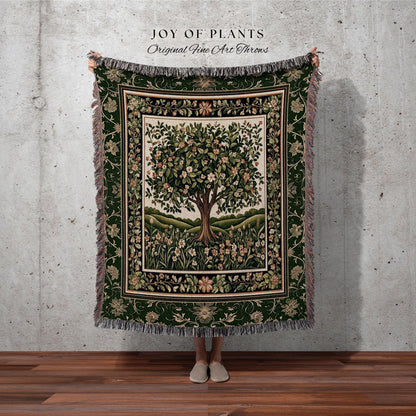 Emerald Green Floral Tree of Life Tapestry Blanket Jacquard Woven Coverlet