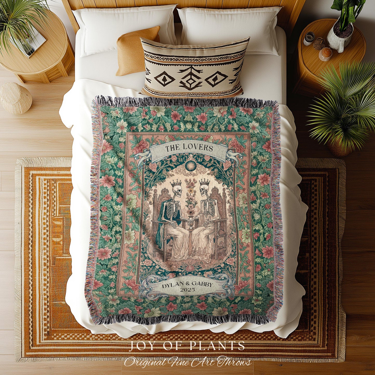 Floral Gothic Royal Skeleton Wedding Woven Wall Tapestry | Personalized Baroque Throw Blanket Whimsical Celestial Keepsake Anniversary Gift