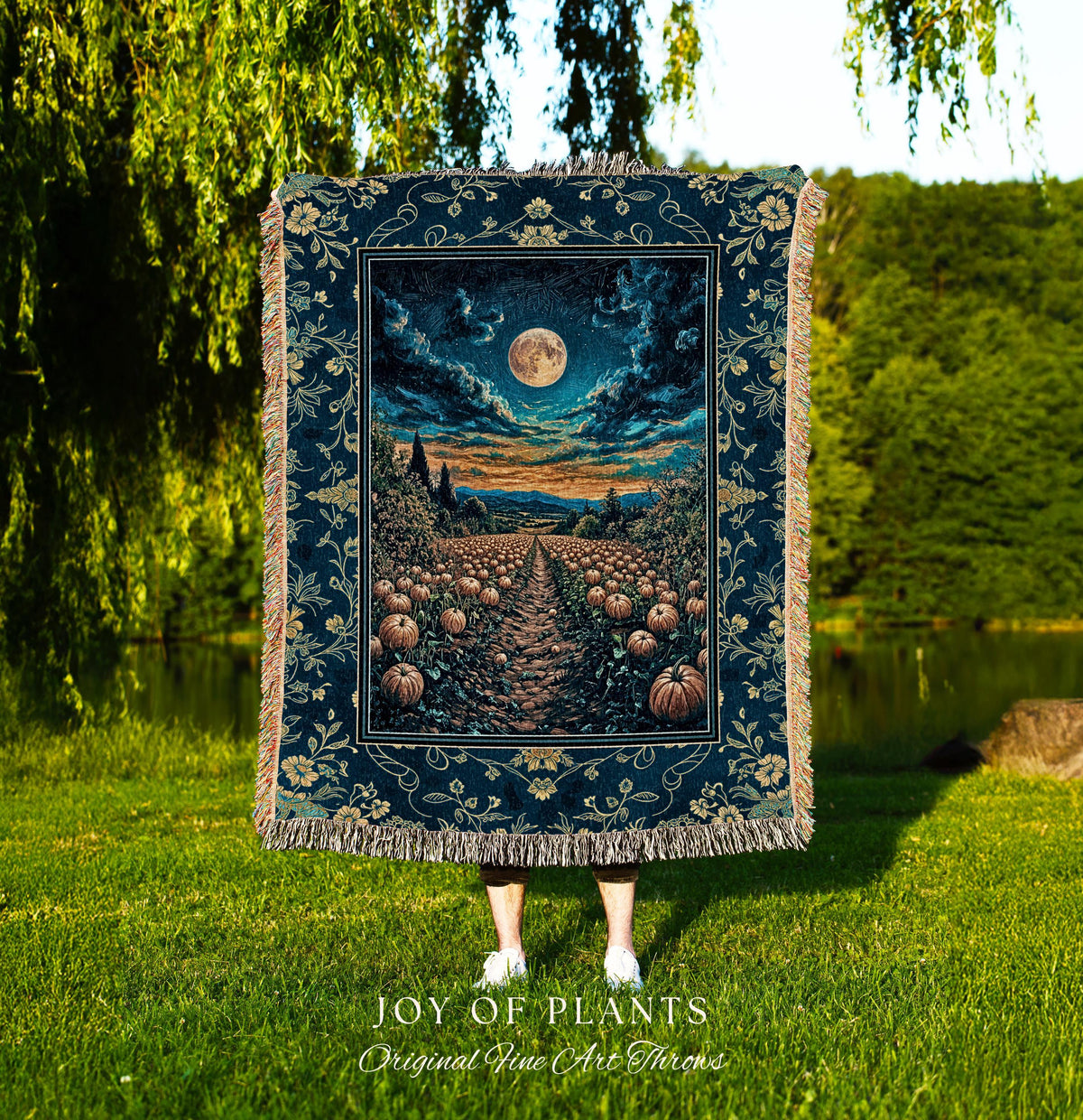 Dark Moody Harvest Moon Throw Blanket | Whimsigoth Dark Academia Vibe Pumpkin Patch Woven Tapestry Spooky Season Rustic Fall Decor Halloween