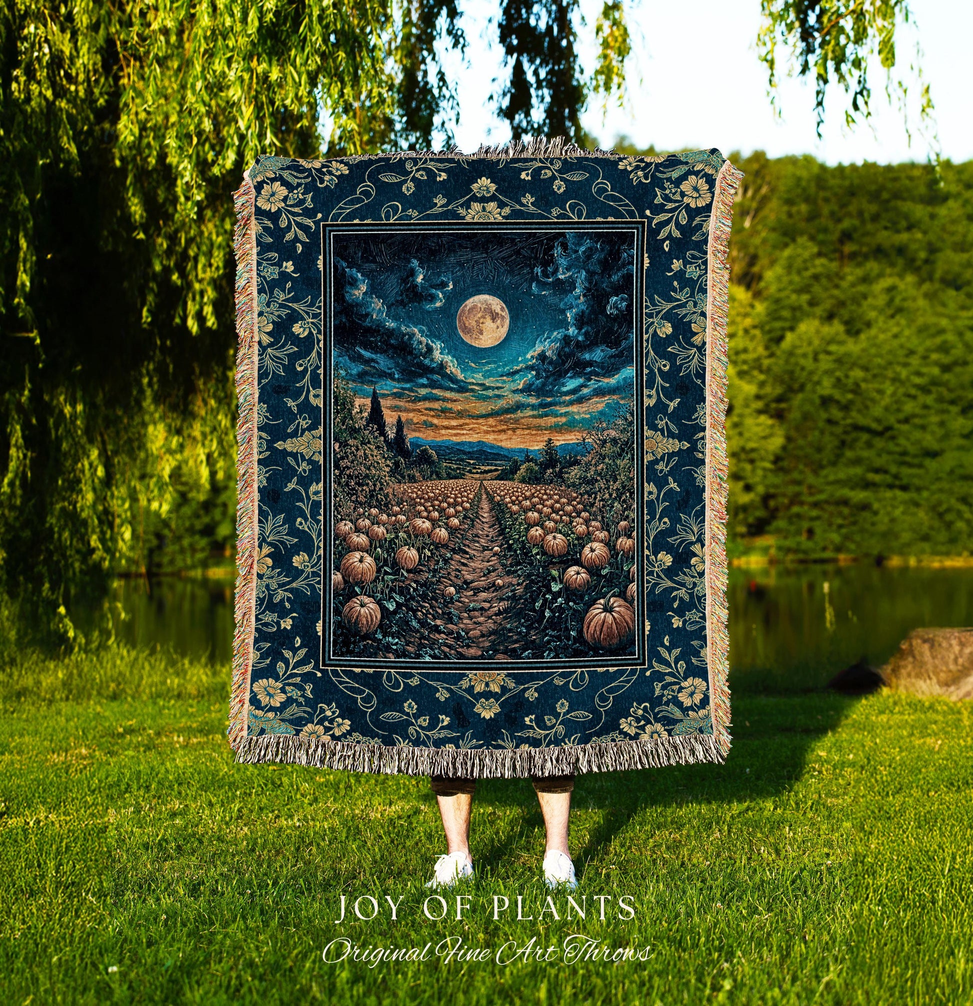 Dark Moody Harvest Moon Throw Blanket | Whimsigoth Dark Academia Vibe Pumpkin Patch Woven Tapestry Spooky Season Rustic Fall Decor Halloween