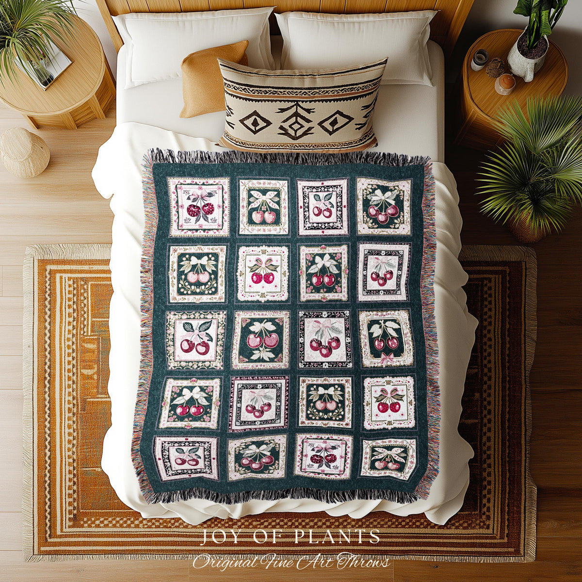 Cozy Coquette Cherry Blanket | Retro Checkered Print Cottagecore Coverlet Pink Farmhouse Wall Tapestry Sweetheart Throw Trendy Aesthetic |