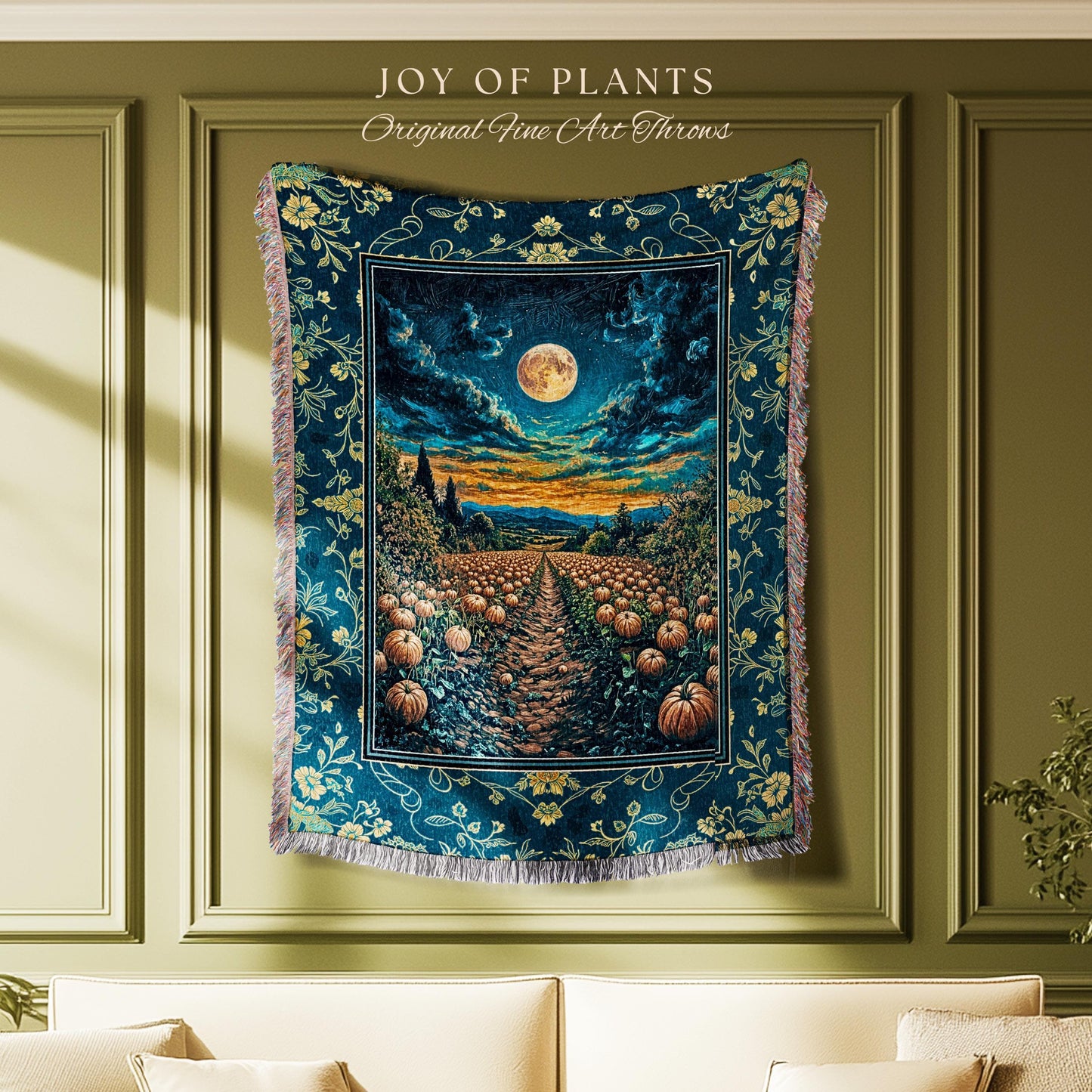Dark Moody Harvest Moon Throw Blanket | Whimsigoth Dark Academia Vibe Pumpkin Patch Woven Tapestry Spooky Season Rustic Fall Decor Halloween
