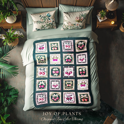 Cozy Coquette Cherry Blanket | Retro Checkered Print Cottagecore Coverlet Pink Farmhouse Wall Tapestry Sweetheart Throw Trendy Aesthetic |