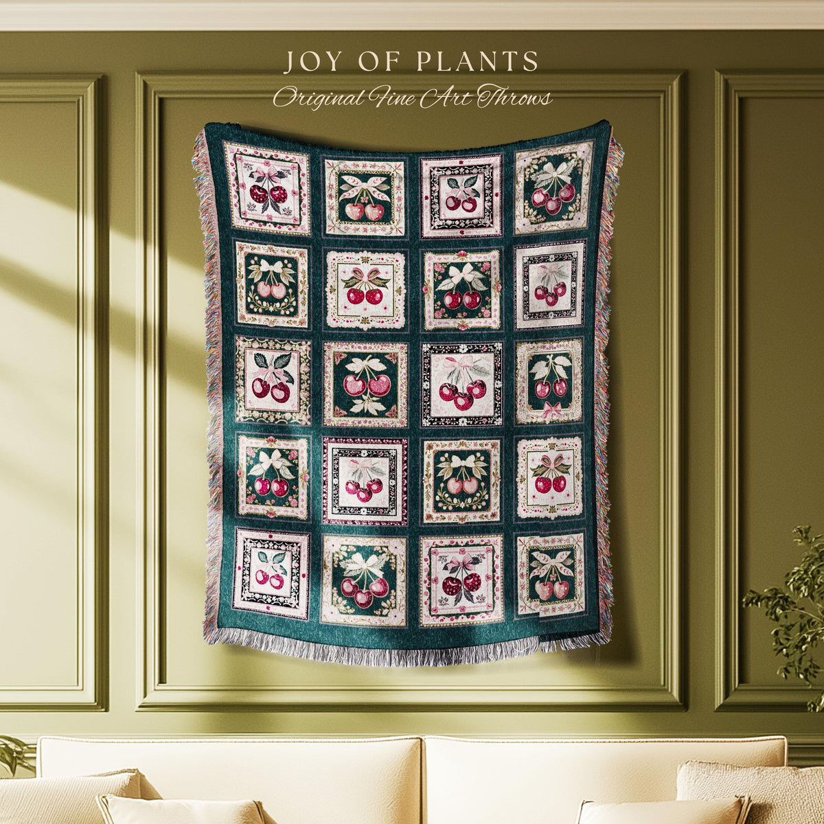 Cozy Coquette Cherry Blanket | Retro Checkered Print Cottagecore Coverlet Pink Farmhouse Wall Tapestry Sweetheart Throw Trendy Aesthetic |