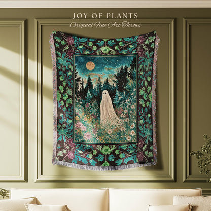Ghostly Enchantment Wildflower Ghost Blanket | Harvest Moon Celestial Magic Gothic Tapestry Whimsical Cozy Home Decor Botanical Throw Witchy