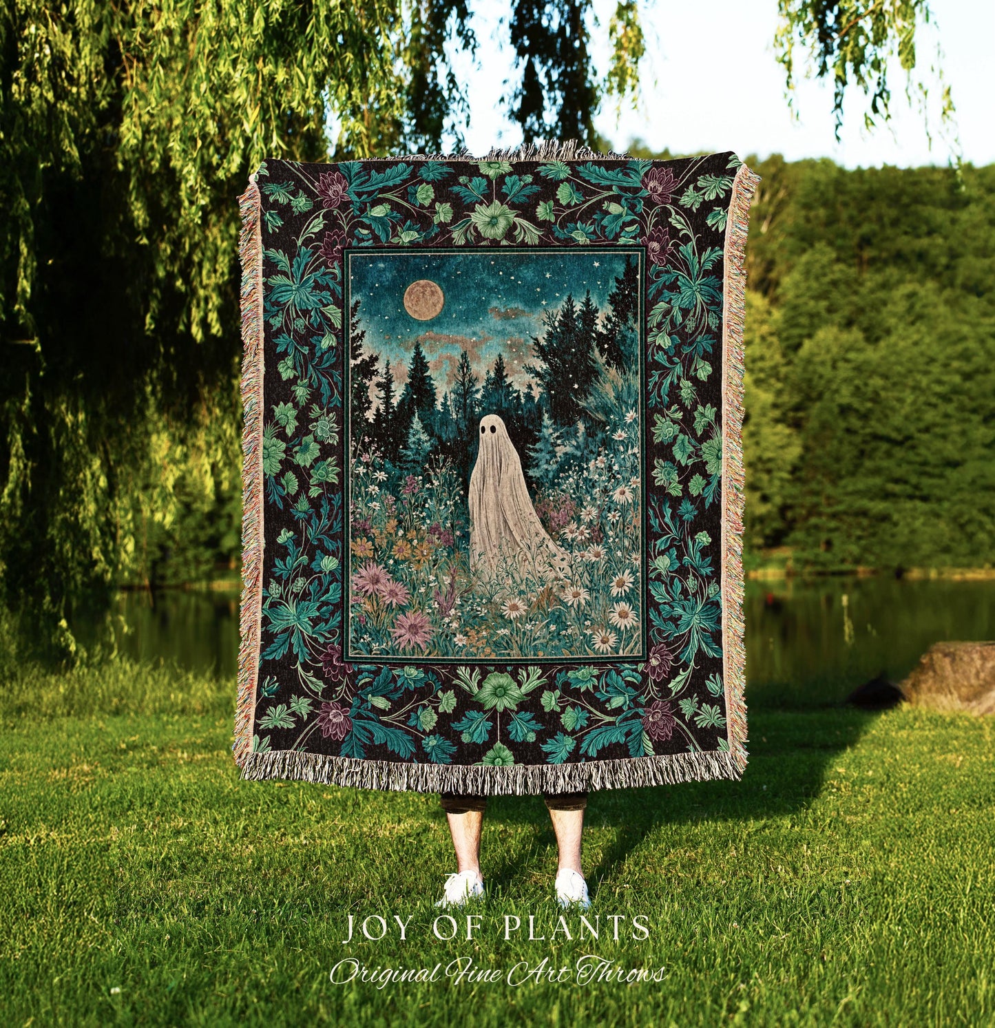 Ghostly Enchantment Wildflower Ghost Blanket | Harvest Moon Celestial Magic Gothic Tapestry Whimsical Cozy Home Decor Botanical Throw Witchy
