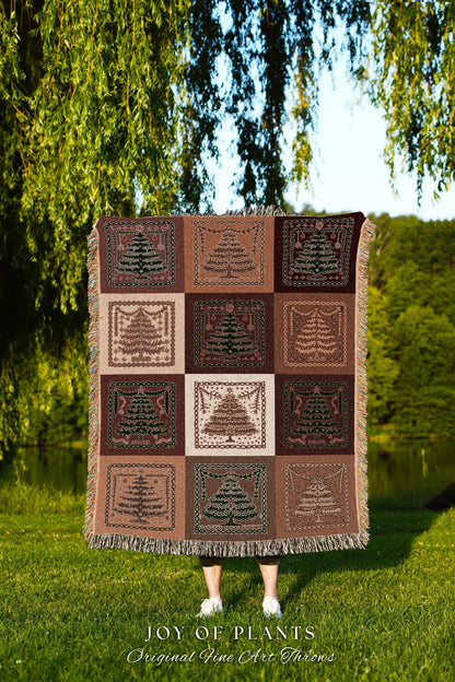 Boho Burnt Orange Rust Christmas Tree Woven Tapestry Throw Rustic Farmhouse Holiday Blanket | Retro Style Country Cottage X-Mas Home Decor