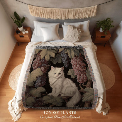 Botanical Cat Blanket Woven | Woven Fringe Blanket Cat lover Gift Funny Tapestry William Morris Tapestry Morris Decor Nature Blanket Vintage