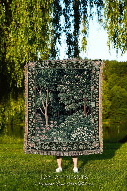 Medieval Forest Botanical Accent Throw | Woodland Botanical Emerald Green Vintage Aesthetic Mystic Book Nook Woven Tapestry Blanket Magical