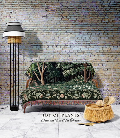 Medieval Forest Botanical Accent Throw | Woodland Botanical Emerald Green Vintage Aesthetic Mystic Book Nook Woven Tapestry Blanket Magical