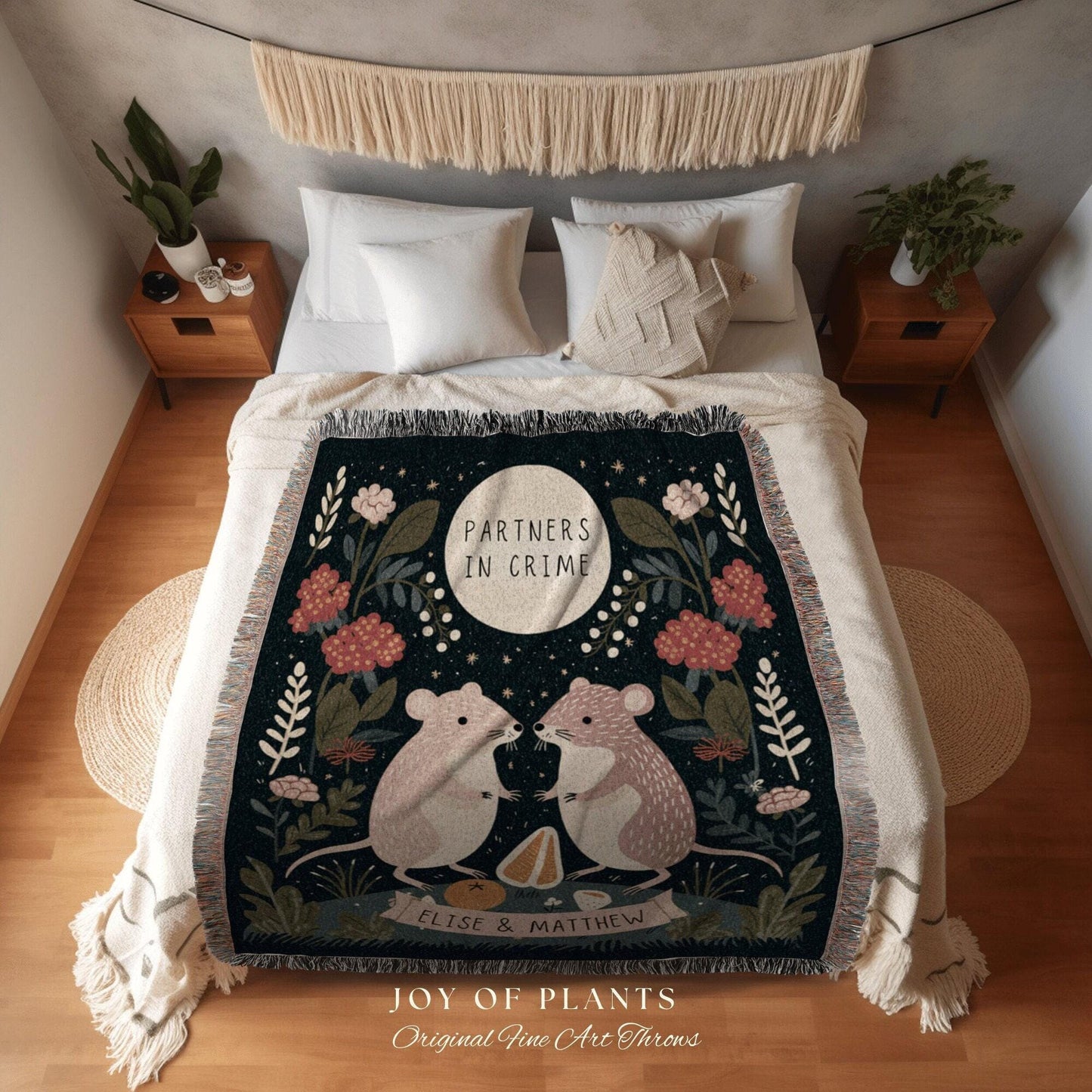 Partners in Crime Woven Blanket | Anniversary Tapestry Woven Blanket Scandinavian Folk Wedding Custom Name Blanket Rat Decor Woodland Throw