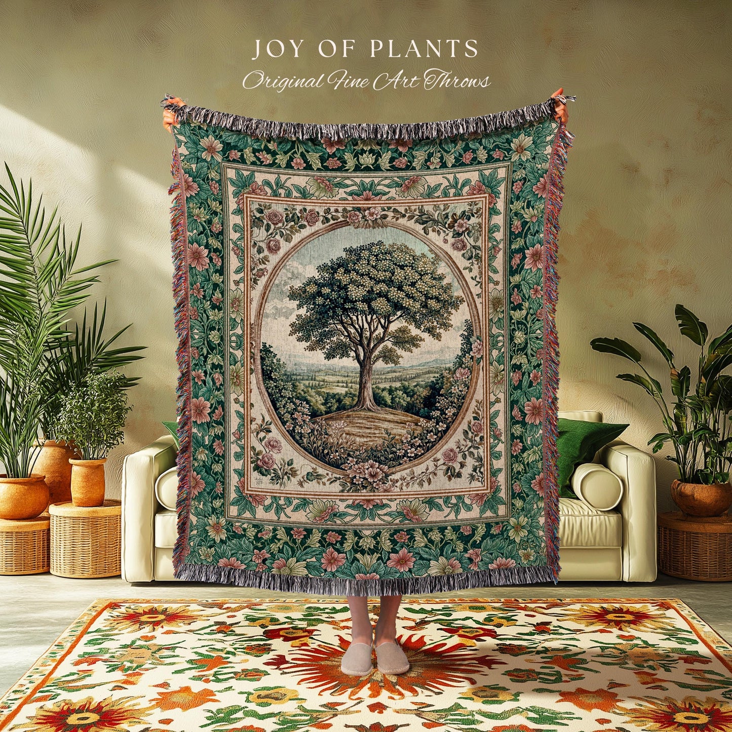 Romantic Ornate Botanical Countryside Tree Throw Blanket Woven Cotton Wall Tapestry