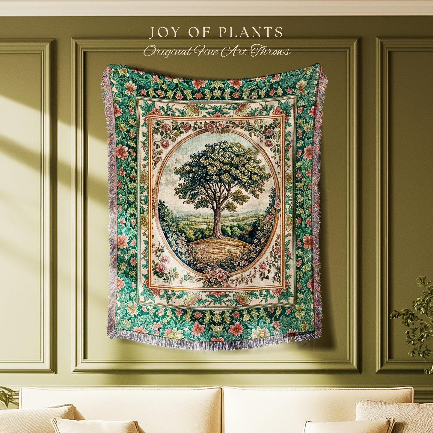Romantic Ornate Botanical Countryside Tree Throw Blanket Woven Cotton Wall Tapestry