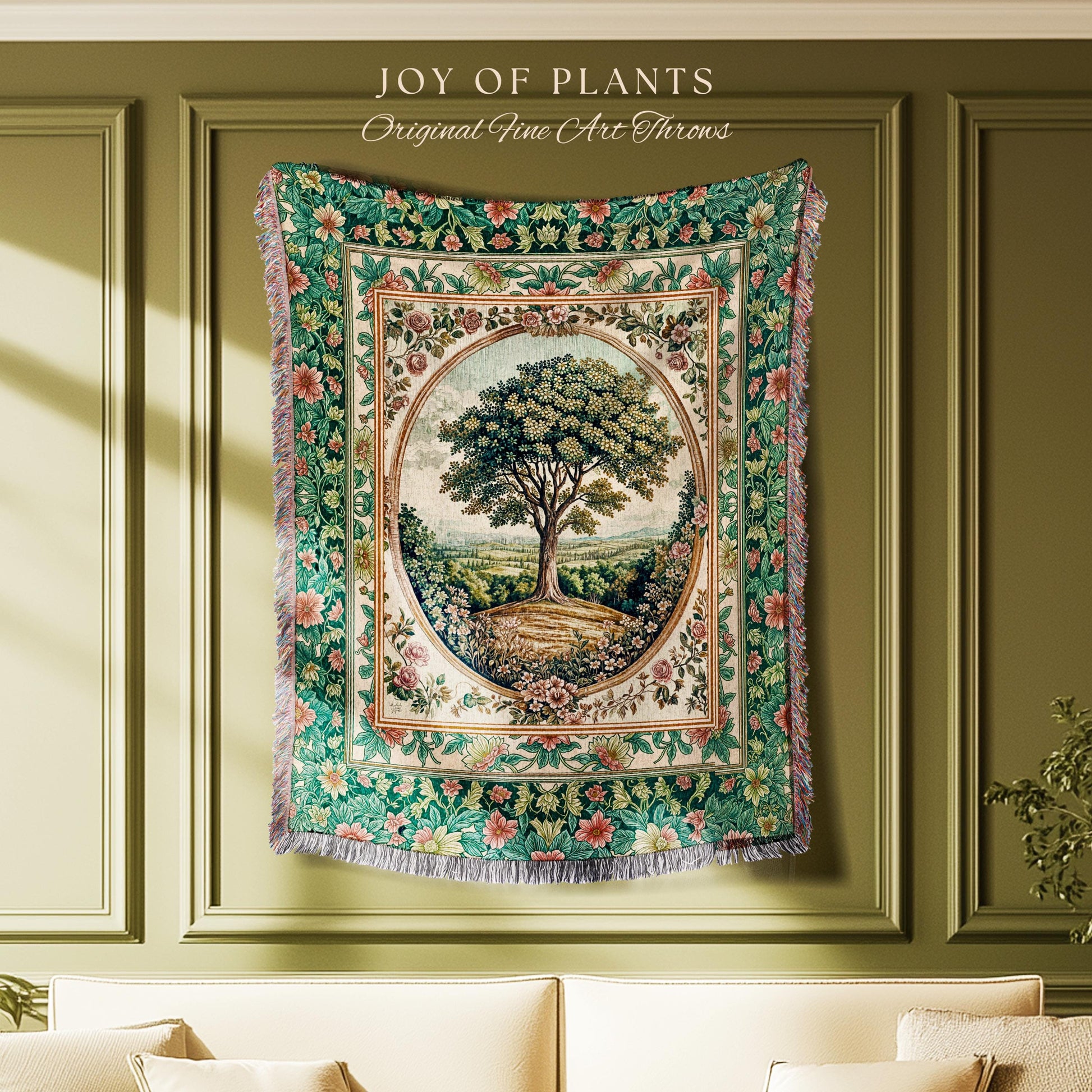 Romantic Ornate Botanical Countryside Tree Throw Blanket Woven Cotton Wall Tapestry