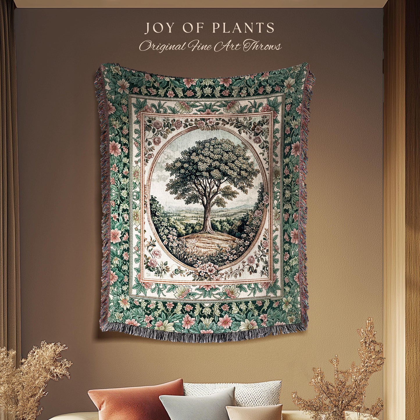 Romantic Ornate Botanical Countryside Tree Throw Blanket Woven Cotton Wall Tapestry