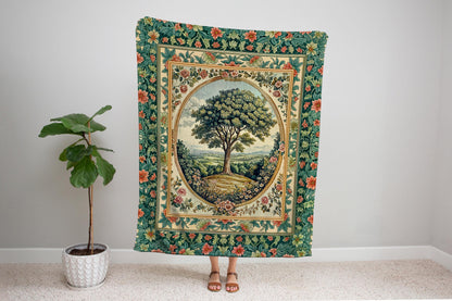 Romantic Ornate Botanical Countryside Tree Throw Blanket Woven Cotton Wall Tapestry