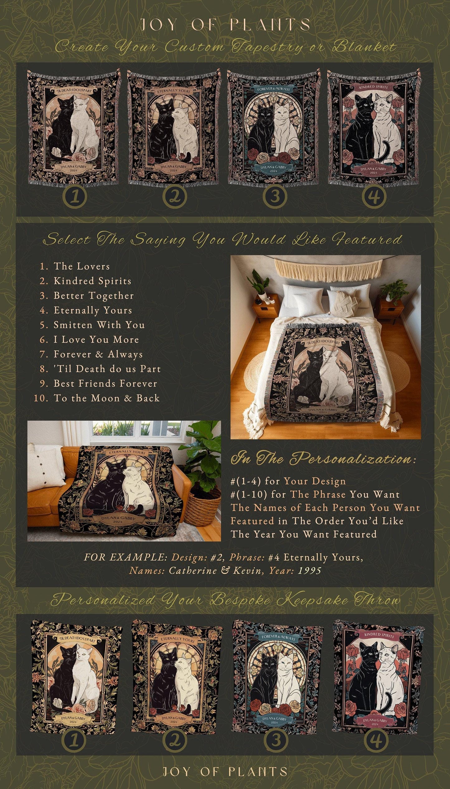 Tarot Cat Couple Blanket 'The Lovers' | Witchy Aesthetic Woven Throw Custom His and Hers Gift for Girlfriend Dark Academia Cat Tapestry |