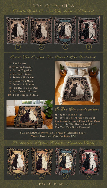 Tarot Cat Couple Blanket 'The Lovers' | Witchy Aesthetic Woven Throw Custom His and Hers Gift for Girlfriend Dark Academia Cat Tapestry |