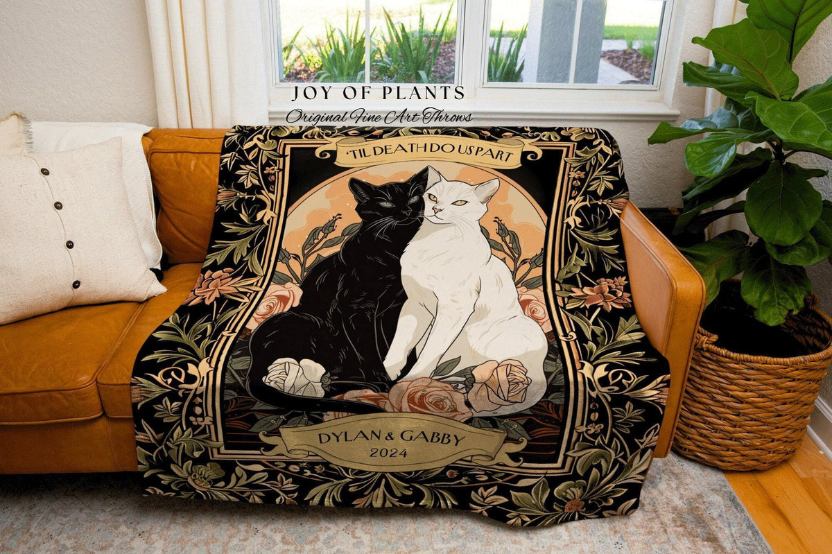 Tarot Cat Couple Blanket 'The Lovers' | Witchy Aesthetic Woven Throw Custom His and Hers Gift for Girlfriend Dark Academia Cat Tapestry |