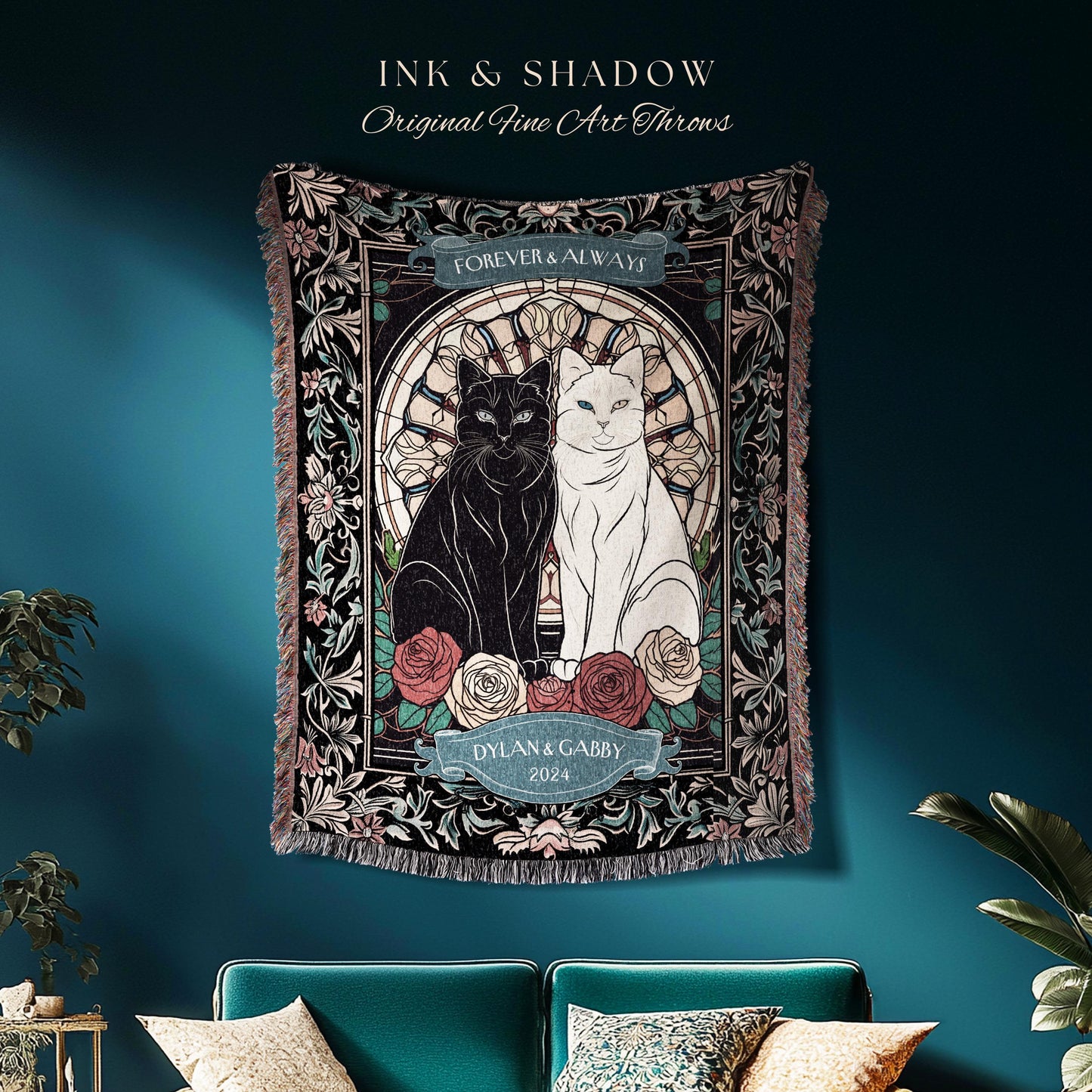 Romantic Keepsake Custom Woven Tapestry | Victorian Aesthetic Woven Blanket Custom His & Hers Gift for Couple Dark Academia Wedding Tapestry