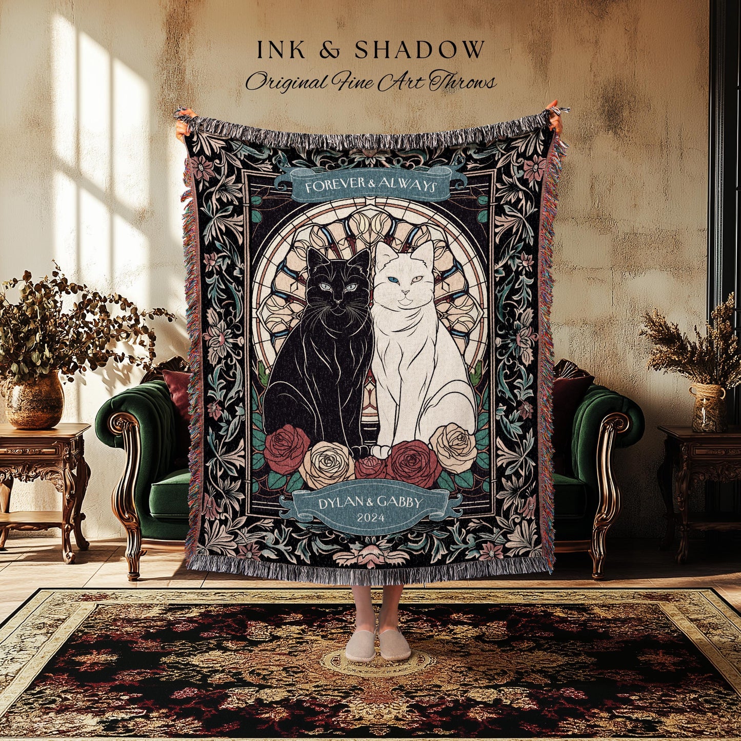 Romantic Keepsake Custom Woven Tapestry | Victorian Aesthetic Woven Blanket Custom His & Hers Gift for Couple Dark Academia Wedding Tapestry