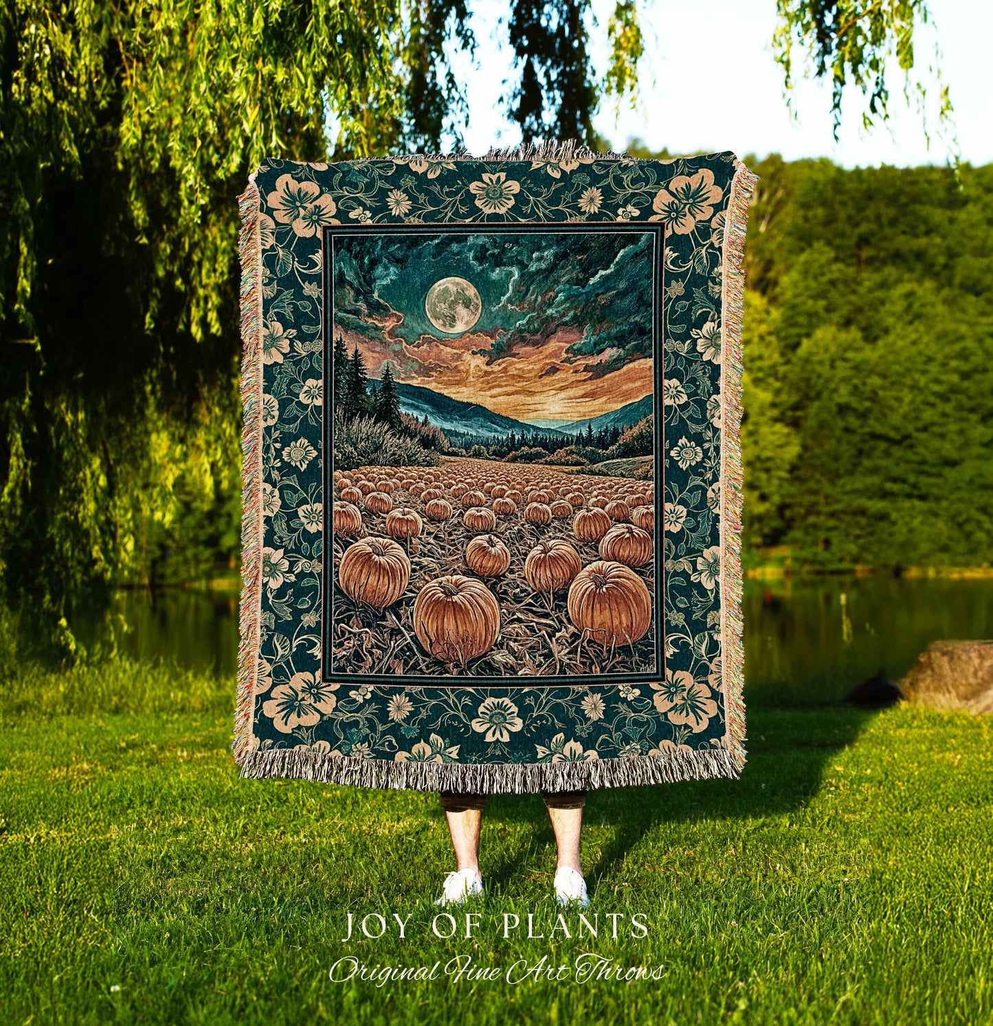Colorful Ethereal Pumpkin Cozy Fall Blanket | Spooky Season Gothiccore Whimsigoth Decor Autumn Aesthetic Rustic Academia Tapestry Full Moon