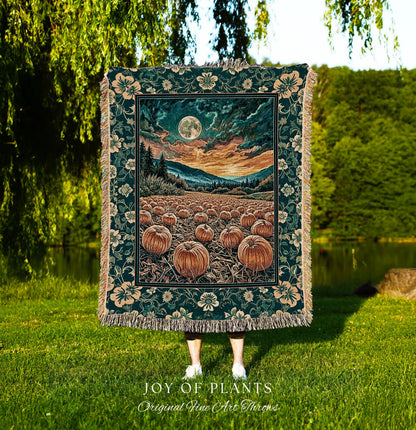 Colorful Ethereal Pumpkin Cozy Fall Blanket | Spooky Season Gothiccore Whimsigoth Decor Autumn Aesthetic Rustic Academia Tapestry Full Moon