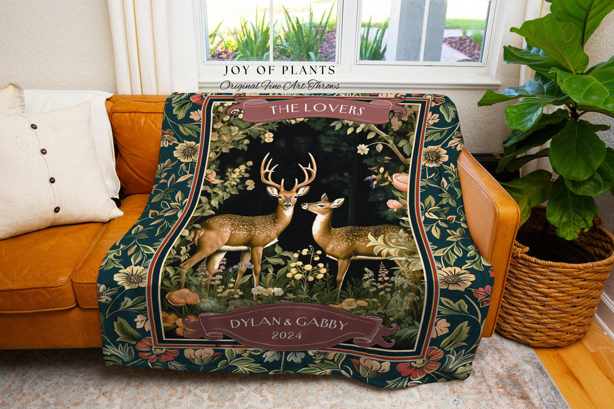 Outdoorsy Deer Couple Woven Blanket Custom | Victorian Gothic Forest Aesthetic Personalized Tapestry Wedding Unique Gift Idea for Girlfriend