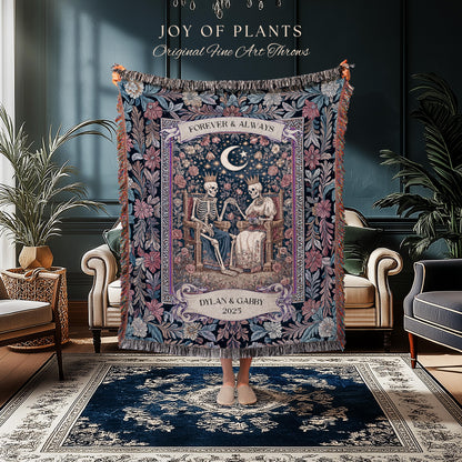 Spooky King & Queen Custom Skeleton Blanket | Witchy Wedding Personalized Names Goth Throne Baroque Gift Whimsigoth Aesthetic Purple Florals