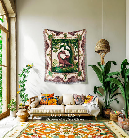 Goblincore Dragon Blanket Scandinavian Woodland Fantasy Tapestry Throw | Mystical Mythical Decor Rustic Medieval Folk Art Cozy Home Accent