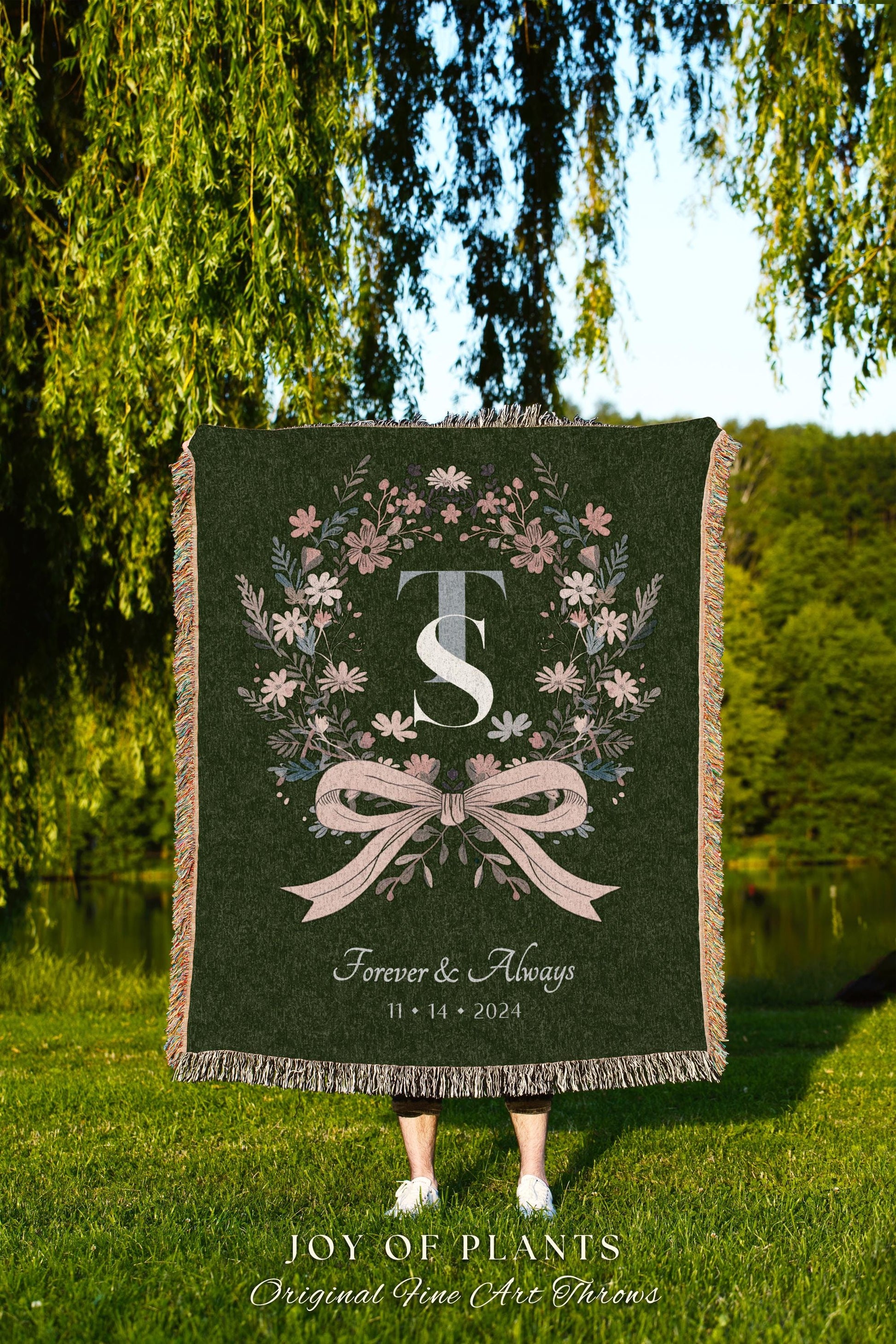 Keepsake Blanket Woven Wedding Wreath | Meaningful Personalized His and Hers Woven Tapestry Custom Wedding Monogram Thoughtful Housewarming