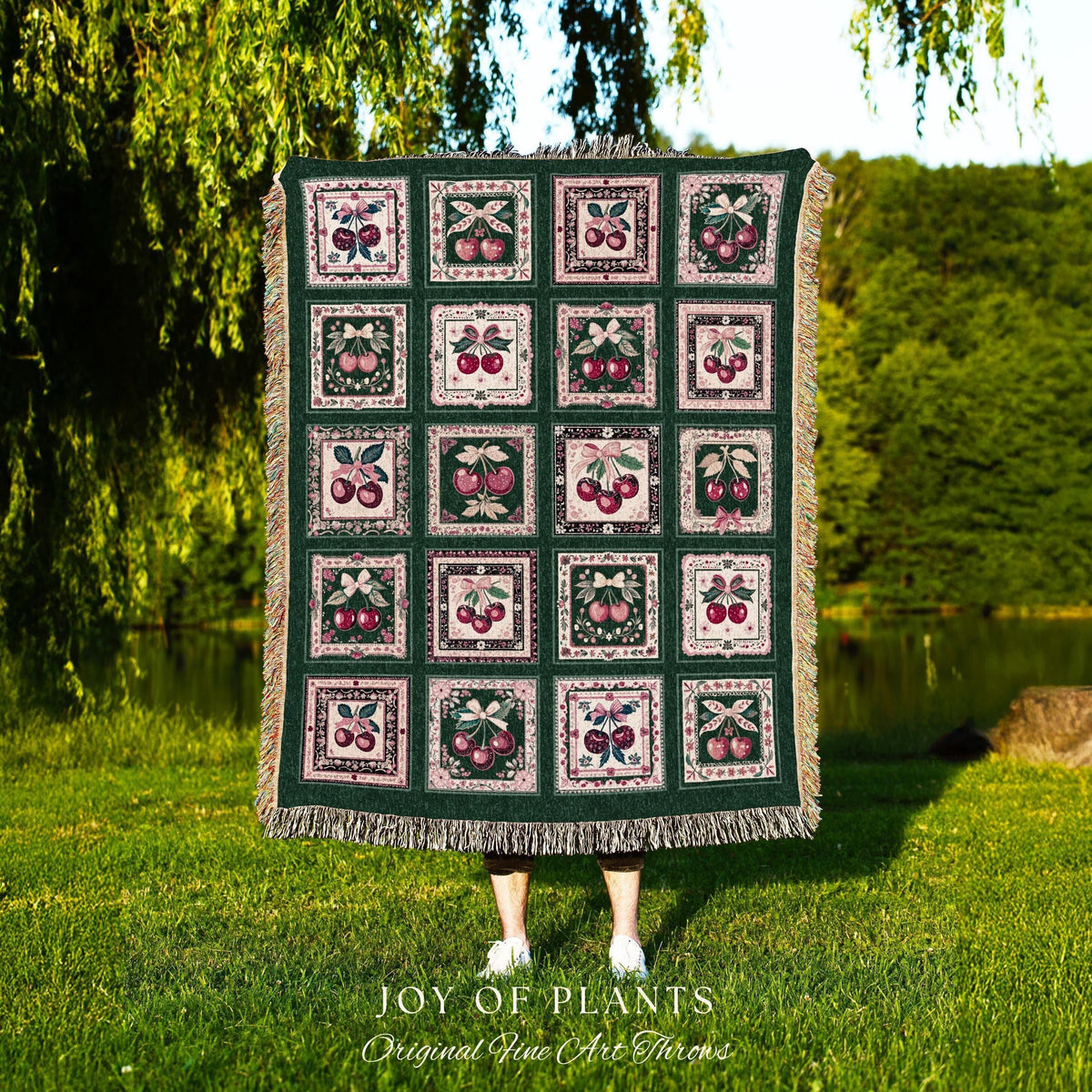 Retro Cherry Blanket Woven Throw | Girly Aesthetics Cottagecore Farmhouse Wall Tapestry Coquette Sweetheart Maximalist Decoration Vintage |