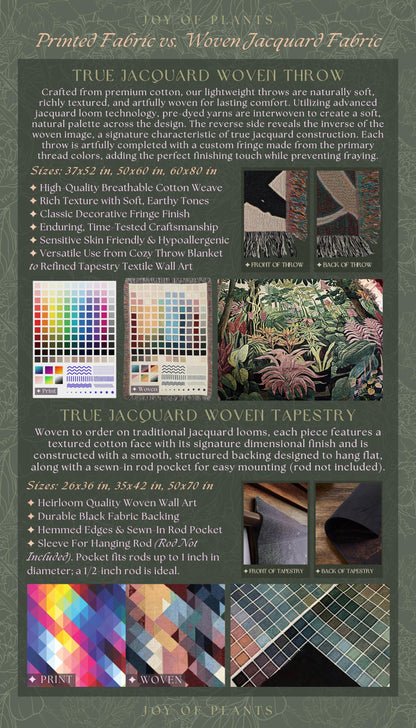 The image is a comparison between printed fabric and woven Jacquard fabric, featuring images of the fabrics in different colors and patterns.