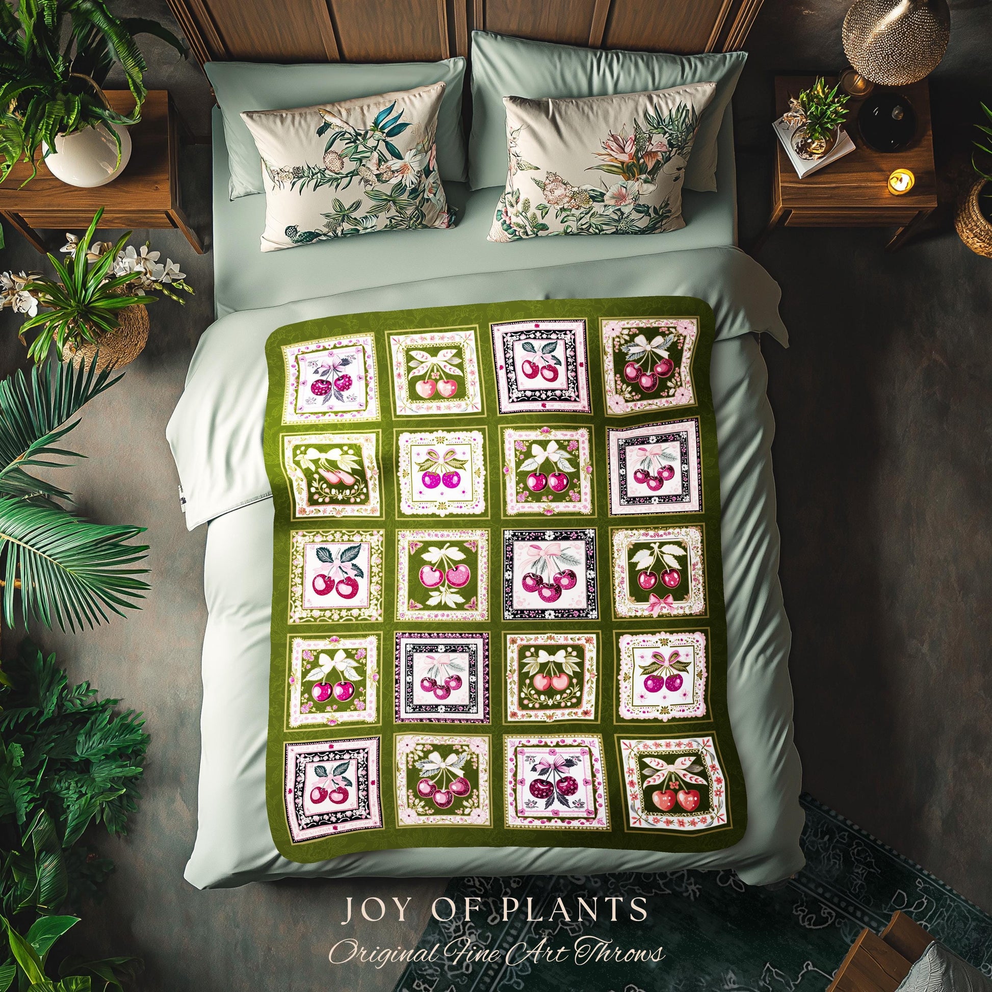 Checkered Farmhouse Cherries Blanket Whimsical Cottagecore Tapestry Throw | Coquette Folk Art Fruit Patchwork Bow Accent Woven Wall Decor