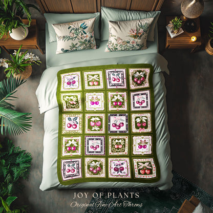 Checkered Farmhouse Cherries Blanket Whimsical Cottagecore Tapestry Throw | Coquette Folk Art Fruit Patchwork Bow Accent Woven Wall Decor