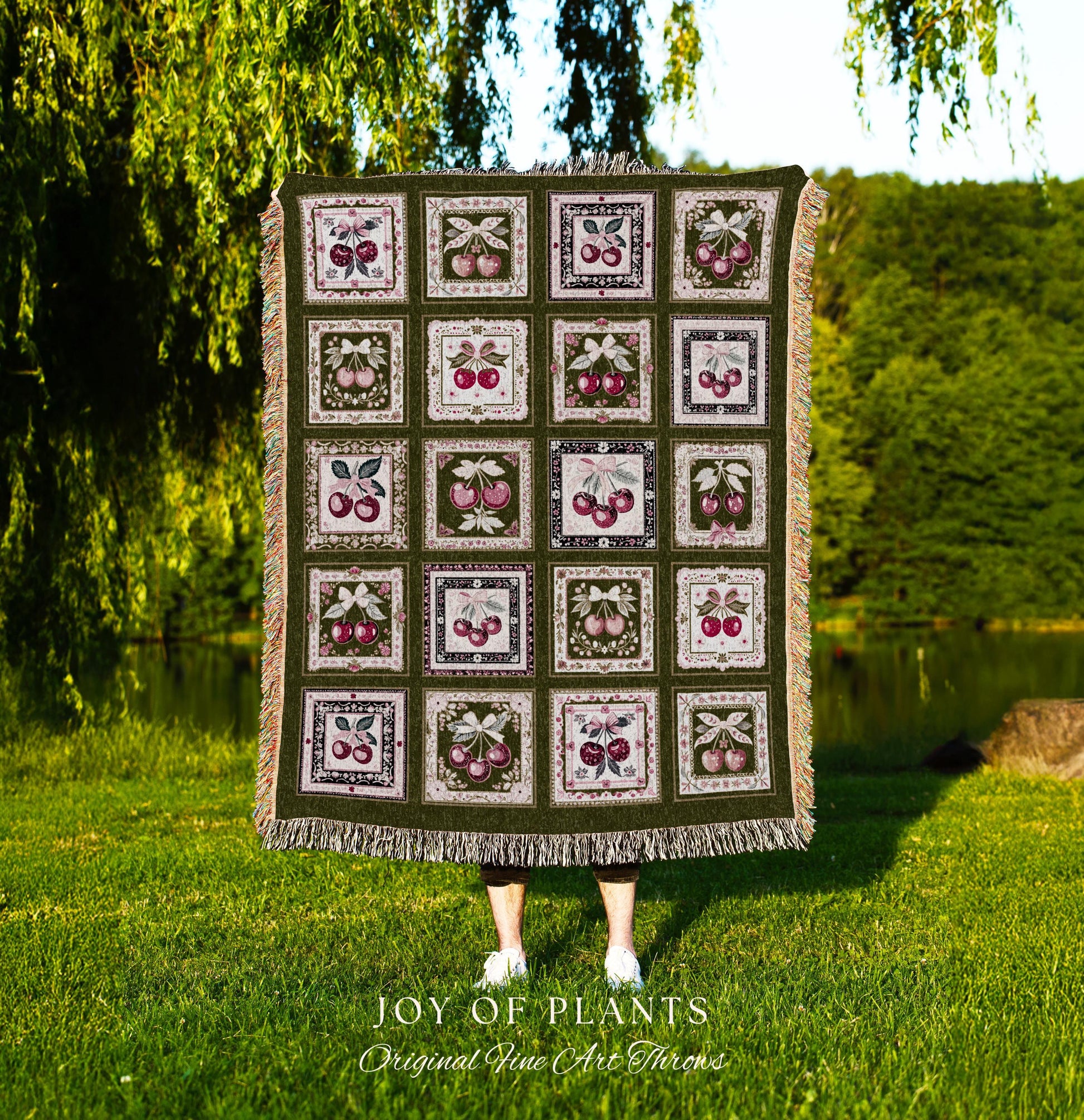 Checkered Farmhouse Cherries Blanket Whimsical Cottagecore Tapestry Throw | Coquette Folk Art Fruit Patchwork Bow Accent Woven Wall Decor
