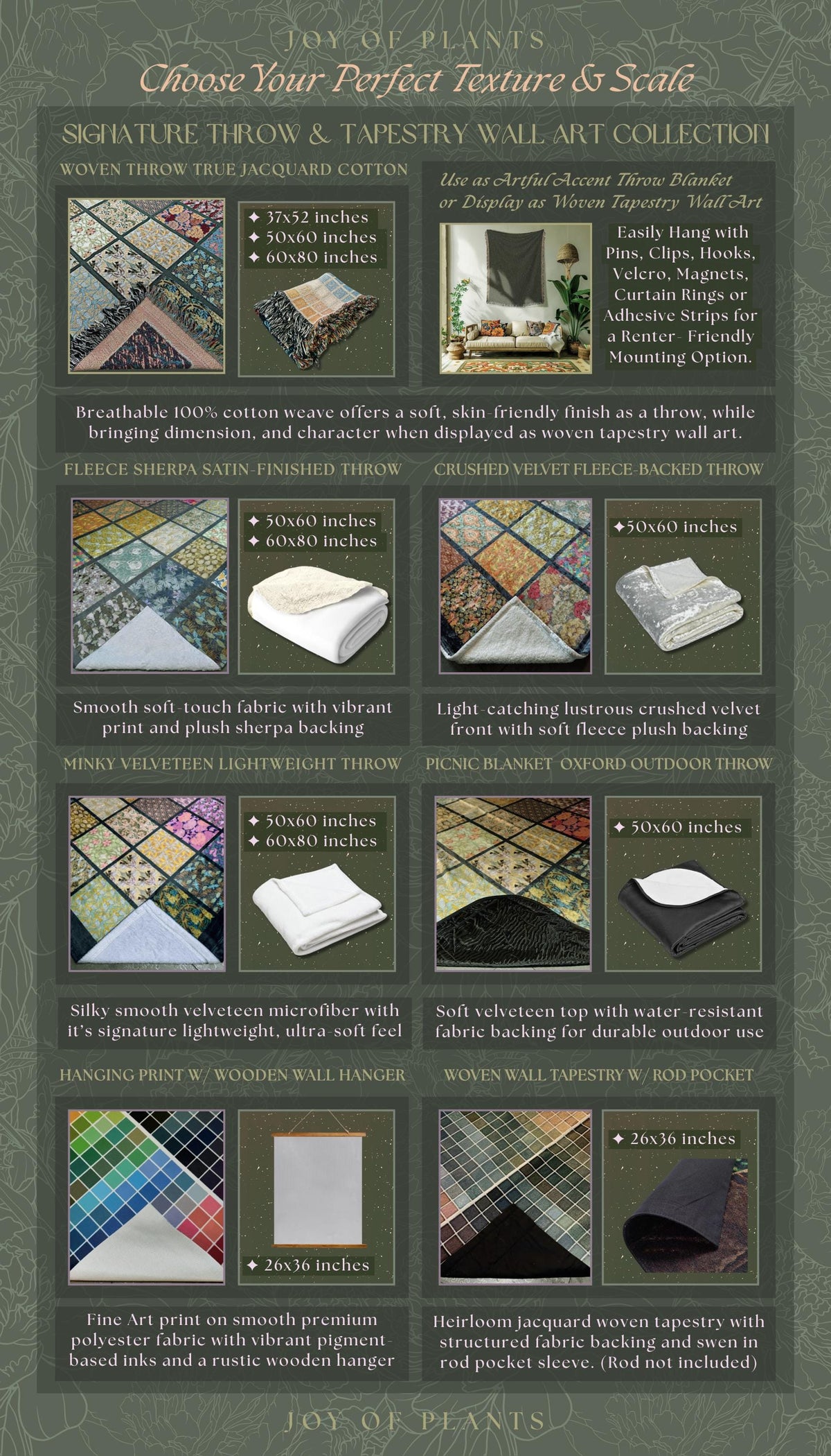 The image is a collection of various textures and materials, including true jacquet cotton, woven throw and tapestry wall art, and other decorative elements.