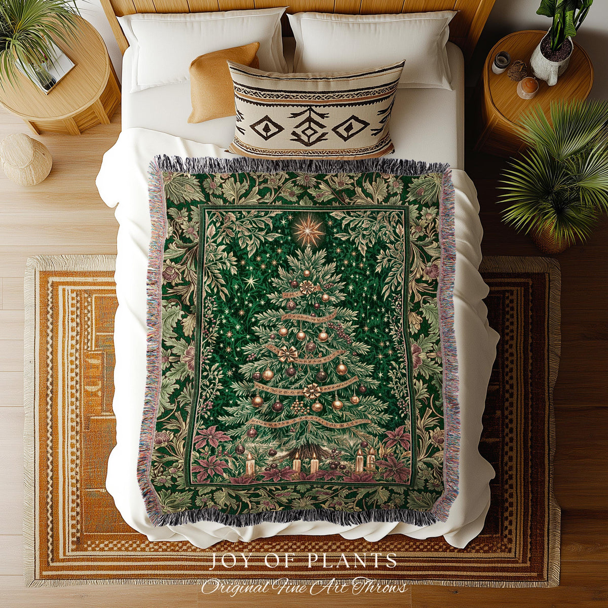 Emerald Evergreen Cozy Throw Blanket | Vintage Christmas Woven Wall Tapestry Holiday Winter Cottagecore Rustic Yuletide Classic Style Xmas |