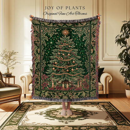 Emerald Evergreen Cozy Throw Blanket | Vintage Christmas Woven Wall Tapestry Holiday Winter Cottagecore Rustic Yuletide Classic Style Xmas |