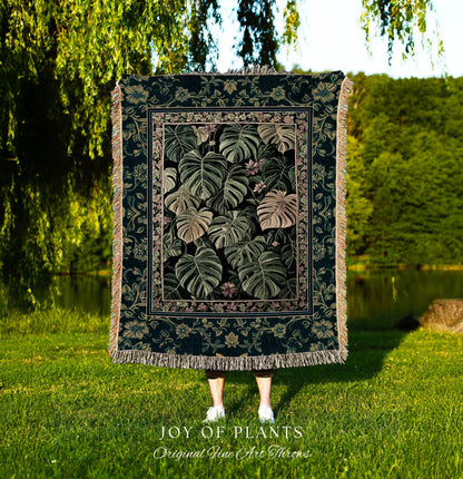 Monstera Tapestry Blanket Unique | Herbology Blanket Dark Cottagecore Tropical Aesthetic Dark Floral Houseplant Botanical Woven Wall Art |
