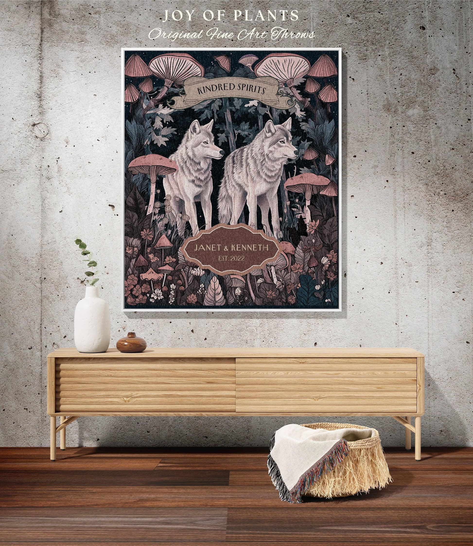 Mushroom Forest Wolf Couple Tapestry Blanket | Cottagecore Wedding Anniversary Mr & Mrs Personalized Unique Cute Couple Gift for Boyfriend |