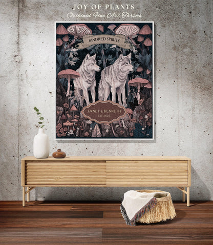 Mushroom Forest Wolf Couple Tapestry Blanket | Cottagecore Wedding Anniversary Mr & Mrs Personalized Unique Cute Couple Gift for Boyfriend |