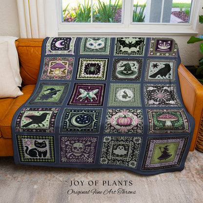 Witchy Magic Woven Cotton Throw Blanket | Rustic Halloween Bedroom Accent Gothic Spooky Decor Cozy Whimsigoth Tapestry Gift for Autumn Style