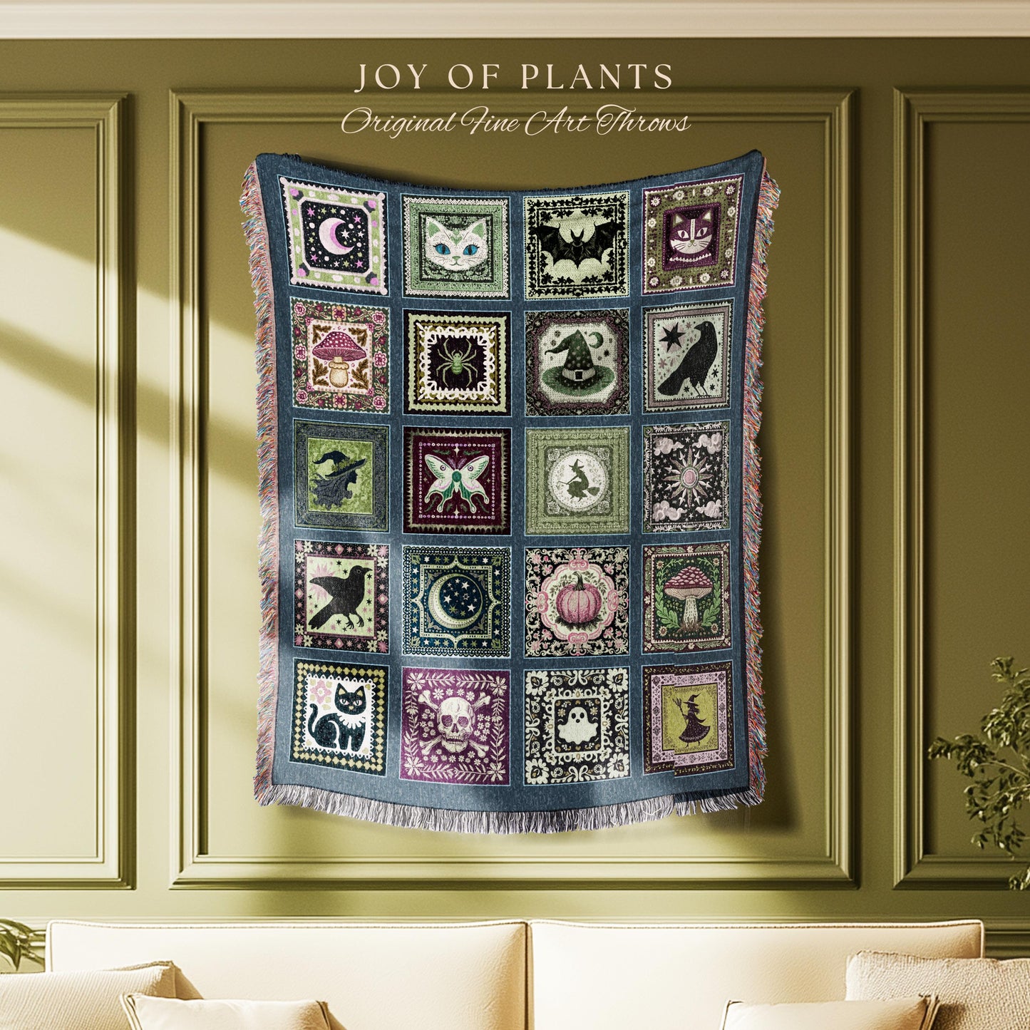 Witchy Magic Woven Cotton Throw Blanket | Rustic Halloween Bedroom Accent Gothic Spooky Decor Cozy Whimsigoth Tapestry Gift for Autumn Style