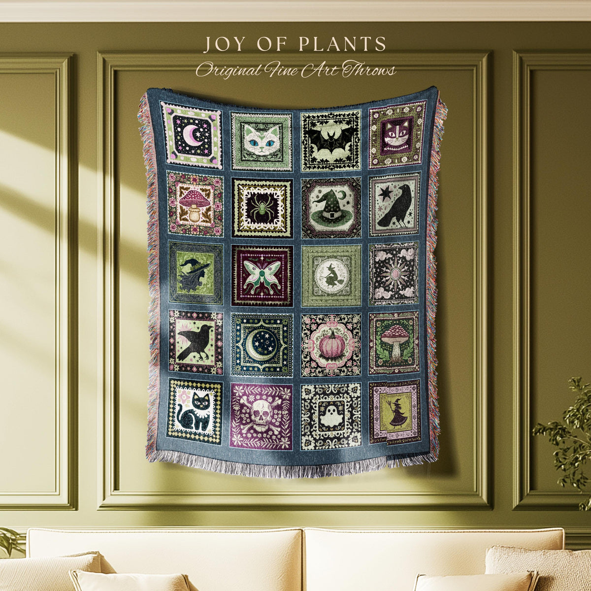 Witchy Magic Woven Cotton Throw Blanket | Rustic Halloween Bedroom Accent Gothic Spooky Decor Cozy Whimsigoth Tapestry Gift for Autumn Style